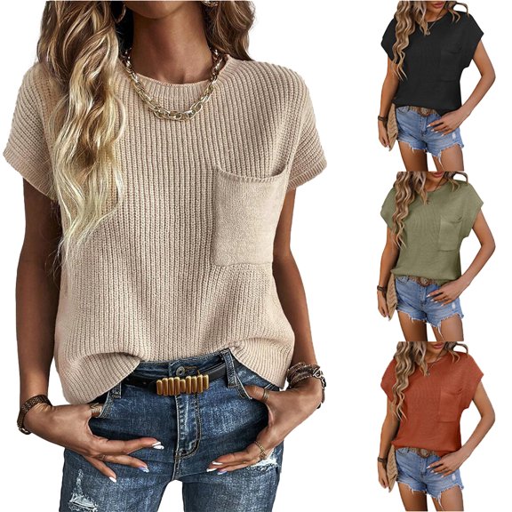 Fjuchai Sweater T-Shirt for Womens Summer Fashion Short Sleeve Tops Sweaters Casual Crewneck Pullover Shirt Knit Blouse S-XL