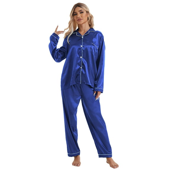 Fjuchai Women Lapel Sleepwear Long Pants Jammies 2 Pieces Womens Satin Silk Pajamas Long Sleeve Pjs Set for S-XL