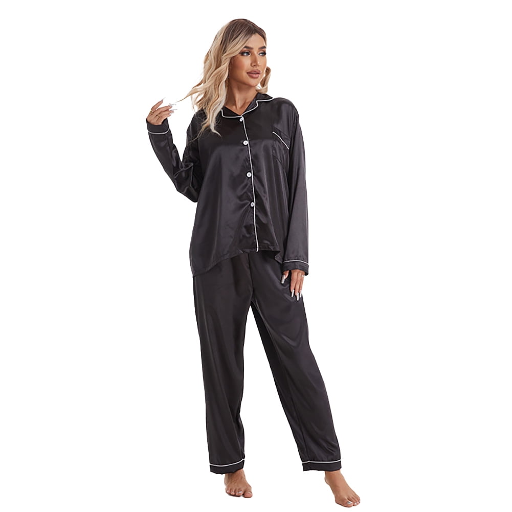DAKIMOE Sleepwear Womens Silky Satin Pajamas Set Long Sleeve