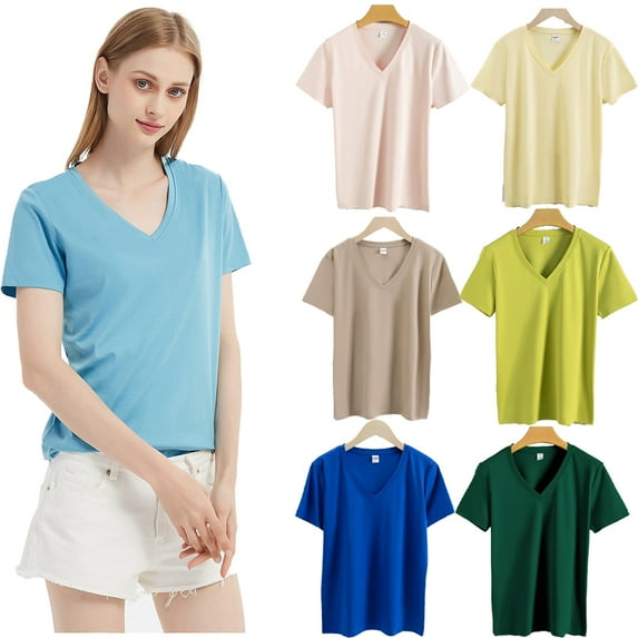Fjuchai Summer Tops T Shirts for Women Short Sleeve Casual V Neck T Shirts Short Sleeve Gym Shirts Running Workout Tops S-3XL