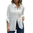 thumbnail image 1 of Fjuchai Women's Button down Shirts Tops Female Solid Blouse Spring Fall Hollow-Out Long Sleeve Plus-Size Casual Loose Cardigan S-5XL, 1 of 9