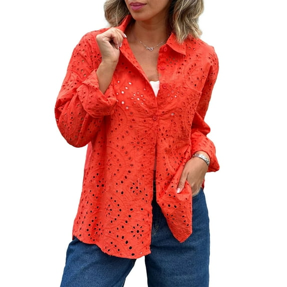 Fjuchai Women's Button down Shirts Tops Female Solid Blouse Spring Fall Hollow-Out Long Sleeve Plus-Size Casual Loose Cardigan S-5XL