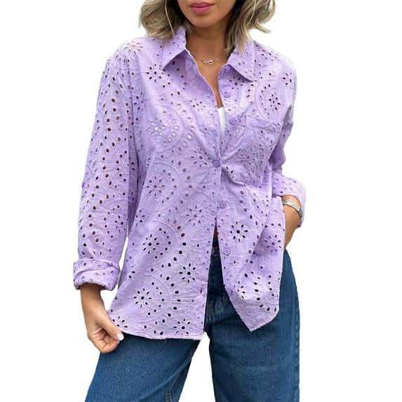 Fjuchai Women's Button down Shirts Tops Solid Blouse Spring Fall Hollow-Out Lace Lace Long Sleeve Plus-Size Tees Casual Loose Cardigan S-5XL