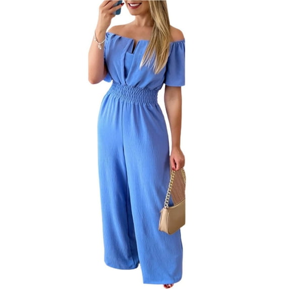 Fjuchai Women's Casual Jumpsuit a Neckline Wide Leg Bodysuit Summer Straight Overall Women's Loose One-Piec Pants S-XL