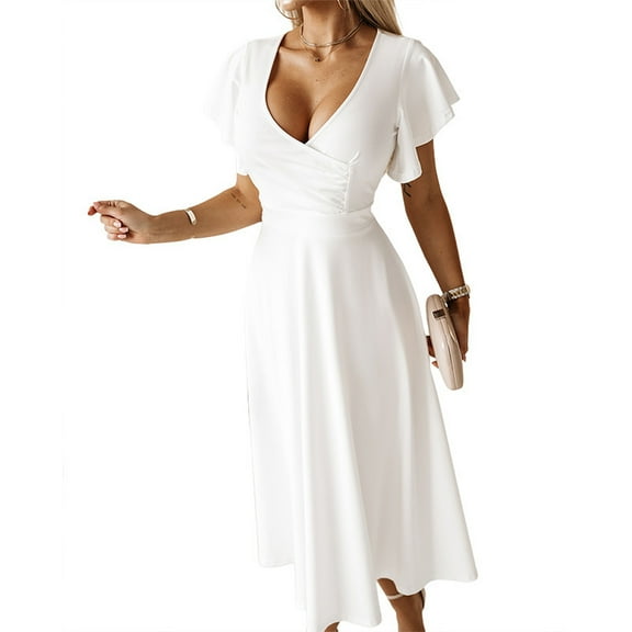 Fjuchai Women's Chiffon Dresses Short Sleeve V Neck Casual Ruffle Swing Dress S-XXL