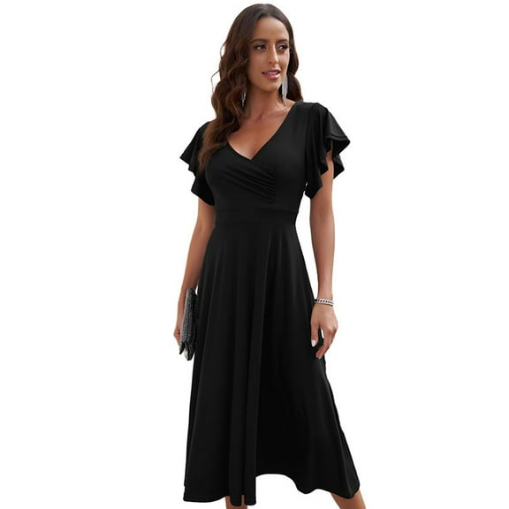 Fjuchai Women's Chiffon Dresses Short Sleeve V Neck Casual Ruffle Swing Dress S-XXL