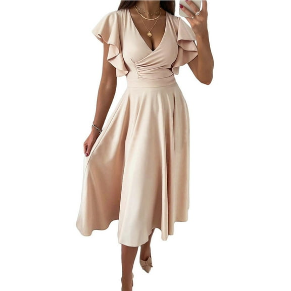 Fjuchai Women's Chiffon Dresses Short Sleeve V Neck Casual Ruffle Swing Dress S-XXL