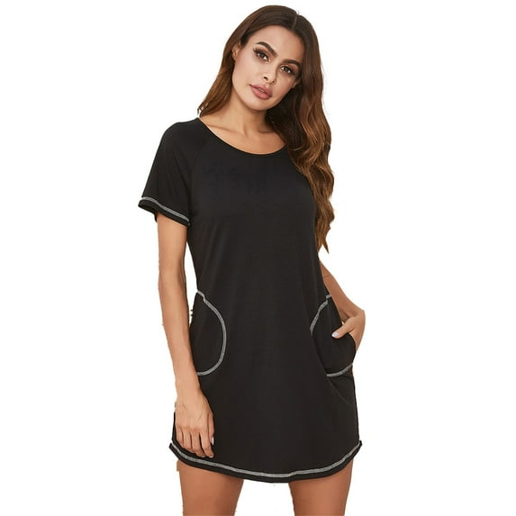 Fjuchai Women's Crewneck Nightgown Short Sleeve Nightshirt Solid Color Sleep Dress for Summer Short Sleeve Pajamas with Pockets for Womens S-XXL