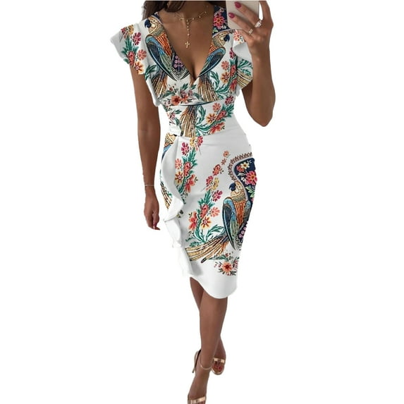Fjuchai Women's Deep V Neck Dress Ruffle One Piece Dresses Womens High Waist Slim Sundress S-XXL