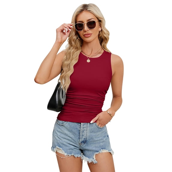 Fjuchai Women's Halter Tops Summer Sleeveless Tank Tops for Women Camis Shirt Slim Side Pleat T-Shirt for Female S- XXL