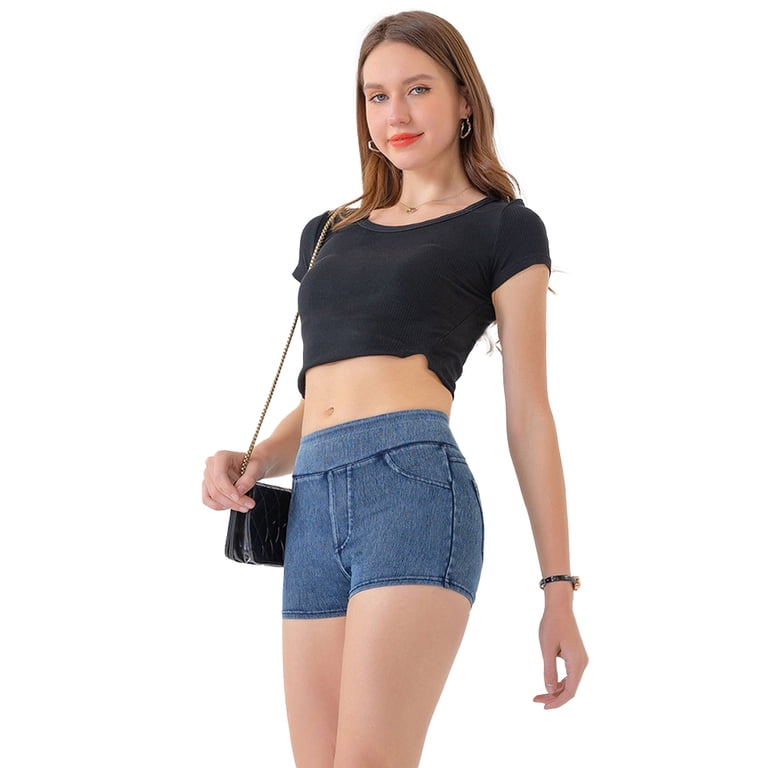 Fjuchai Women's High Waist Yoga Denim Shorts Running Gym Workout