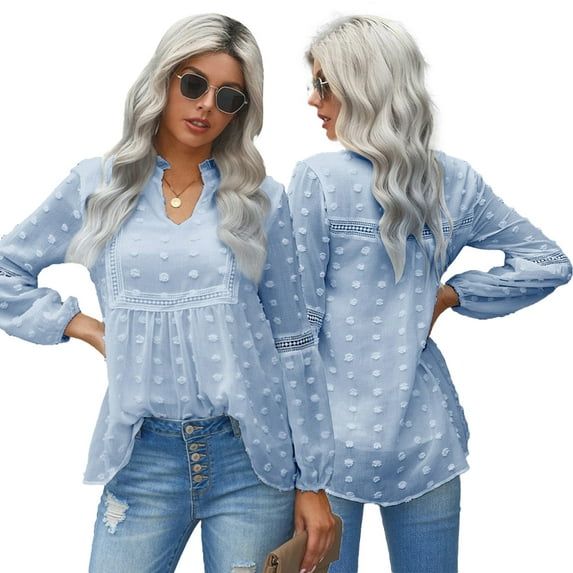 Fjuchai Women's Long Sleeve V Neck Casual Blouse Solid Color Pullover Loose Tunic Tops T Shirt S-XXL