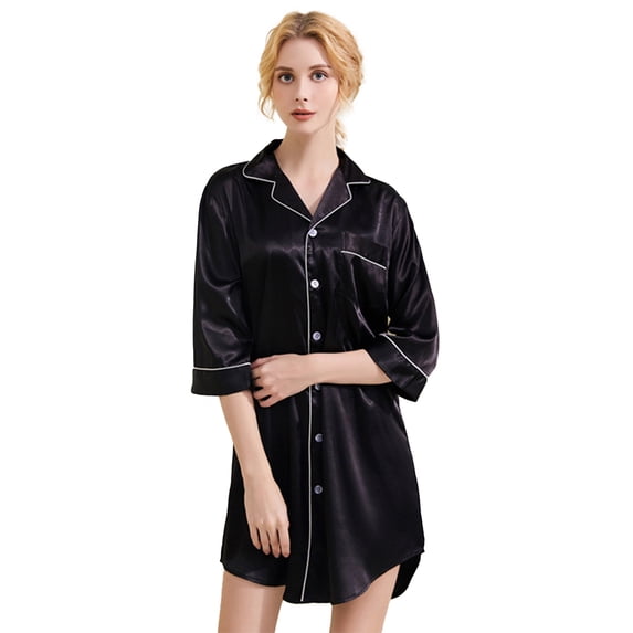 Fjuchai Women’s Nightgowns Sleeve Silk Satin Sleep Shirts Nightshirt V Neck Button down 3/4 Sleeve Pajama Sleepwear S-XXL