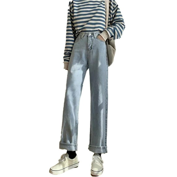 Fjuchai Women's Pants Wide Leg Jeans Pants High Waisted Stretchy Straight Leg Jeans Buttoned Loose Denim Pants with Pocket S-XXL