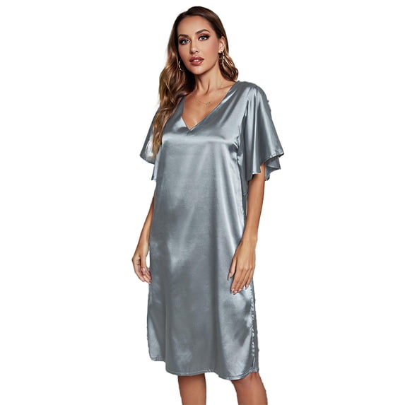 Fjuchai Women's Satin Pajamas Silk Pleated Nightgown Loose Sleepwear Solid Color Nightshirt Short Sleeve V-Neck Sleep Dress S-XL