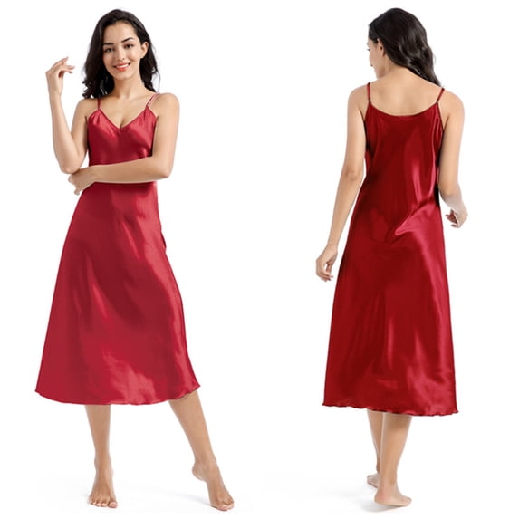 Fjuchai Women's Silk Nightgown Nightdress Long Sleepwear Sleeveless Loungewear Soft Summer Night Pajama Sleep Dress Knee Length Nightwear S-XL