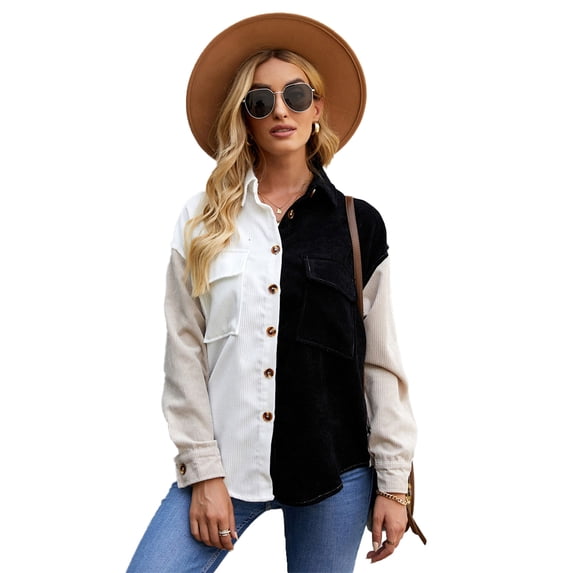 Fjuchai Womens Casual Tees Shirts Spring Fall V-Neck Color Block Splicing Shirt Long Sleeve Tees Shirt for Female S-XL
