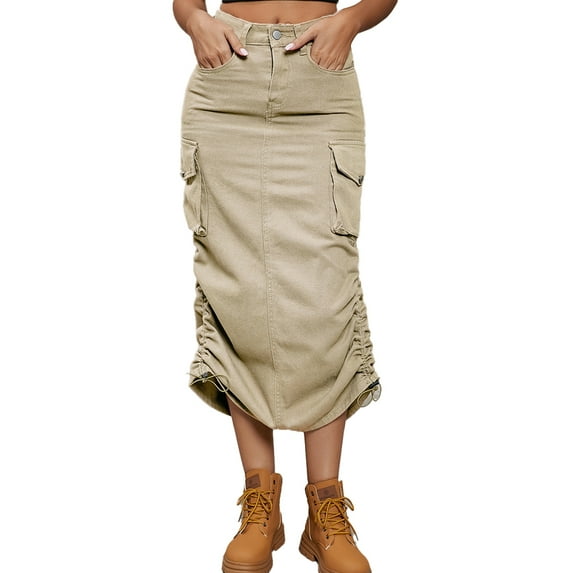 Fjuchai Womens Casual Denim Skirt Spring Summer Solid Colour Stretch Jean Skirts S-2XL