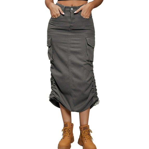 Fjuchai Womens Casual Denim Skirt Spring Summer Solid Colour Stretch Jean Skirts S-2XL