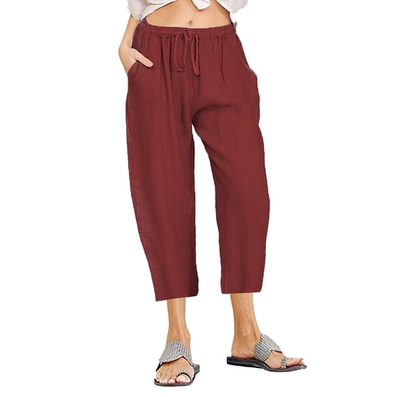 Fjuchai Womens Cotton Linen Pants Female Summer Loose Drawstring Beach Trousers S-3XL