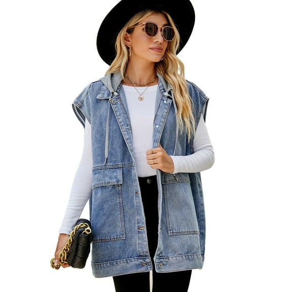 FJUCHAI Women's Denim Jackets Vest Mid Long Hooded Jean Vest Sleeveless Coats Female Vest S-XL