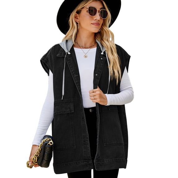 Fjuchai Womens Denim Vest Jacket Summer Sleeveless Detachable Hooded Denim Waistcoat XS-XL