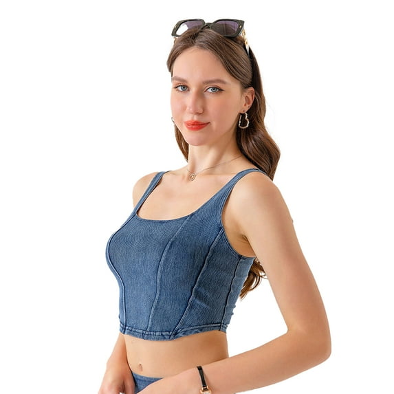 Fjuchai Womens' Denim Workout Tank Tops Sleeveless Beautiful Back Slim Underwear Summer Quick Dry Stretchy Jeans Vest for Yoga Sports Running S-XXL