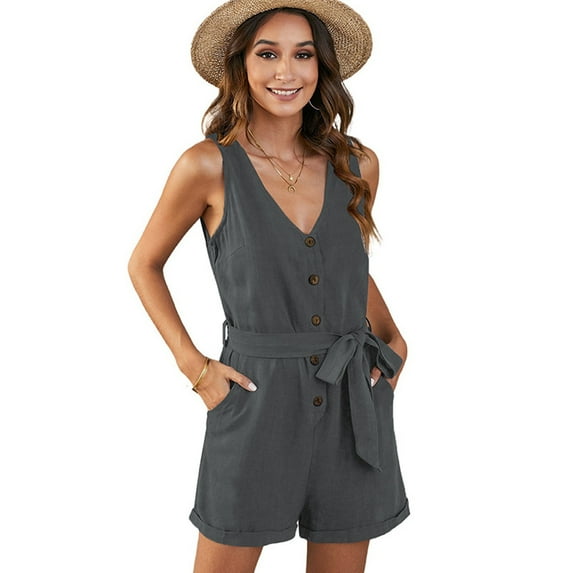 Fjuchai Womens Halter V-Neck Sleeveless Jumpsuits Shorts Solid Rompers Jumpsuits Casual Button-Up Onesies S-XXL