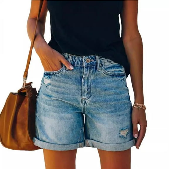 Fjuchai Womens Jeans Shorts Female Summer Solid Color Straight Denim Pants S-XXL