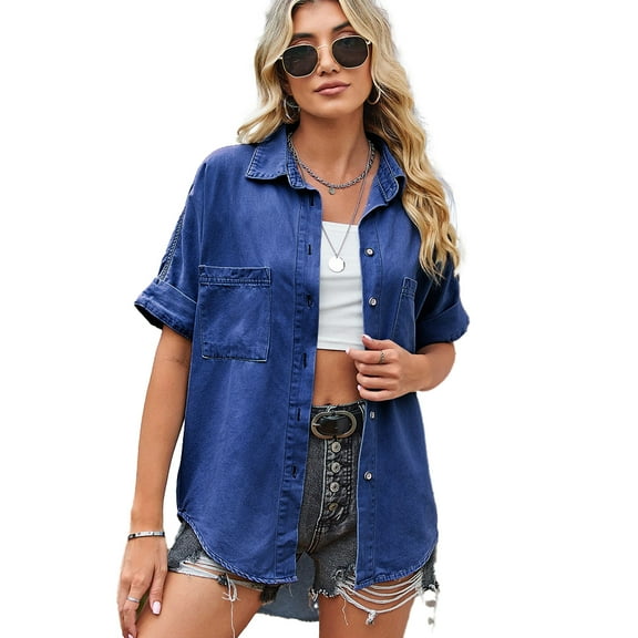 Fjuchai Womens Lapel Denim Shirt Tops Summer Button Short Sleevet-Shirt S- XL