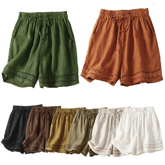 Fjuchai Womens Shorts Casual Summer Dressy Cotton Comfy Drawstring Elastic Waist Pocketed Pants M-3XL