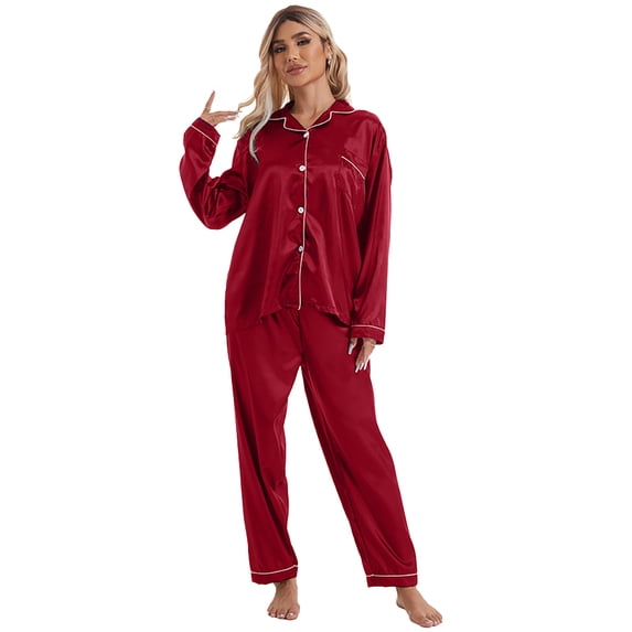 Fjuchai Womens Silk Satin Pajamas Pj Sets Long Sleeve Button Down Sleepwear Set Two Piece Sleep Set with Pockets S-XL