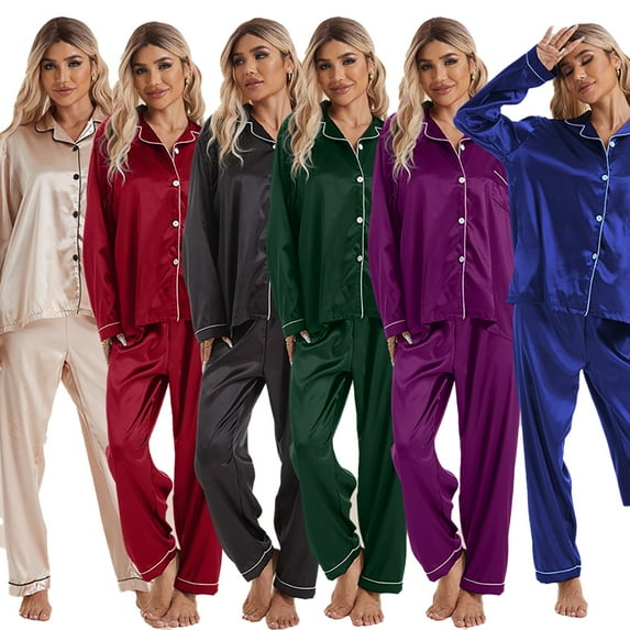 Fjuchai Womens Silk Satin Pajamas Pj Sets Long Sleeve Button Down Sleepwear Set Two Piece Sleep Set with Pockets S-XL