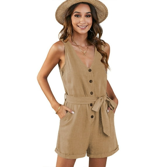Fjuchai Womens Sleeveless Rompers Jumpsuits Summer Casual Shorts Jumpsuits V Neck Button Rompers S-XXL