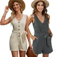 thumbnail image 1 of Fjuchai Womens Sleeveless Rompers Jumpsuits Summer Casual Shorts Jumpsuits V Neck Button Rompers S-XXL, 1 of 9