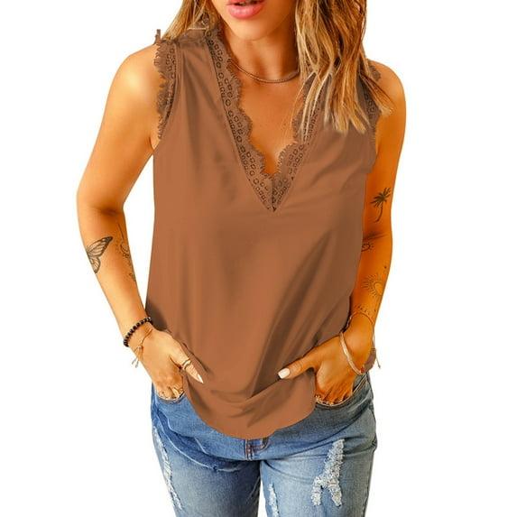 Fjuchai Womens Sleeveless T-Shirt Summer Solid Color Lace Tank Tees Shirt for Female S-XXL