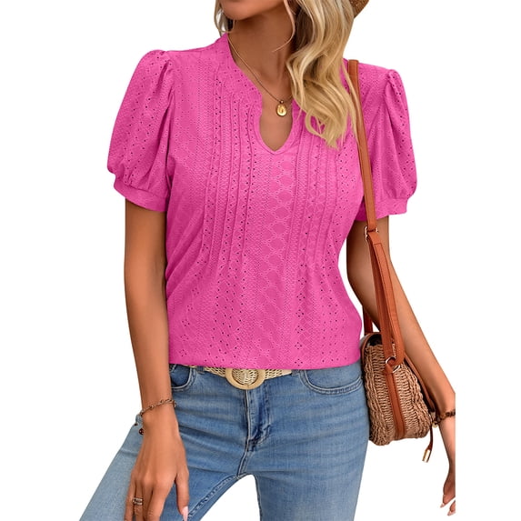 Fjuchai Womens V Neck Shirt Short Sleeve T Shirts Casual Summer Blouses Tops Solid Color Tees Shirt for Women's S-XXL