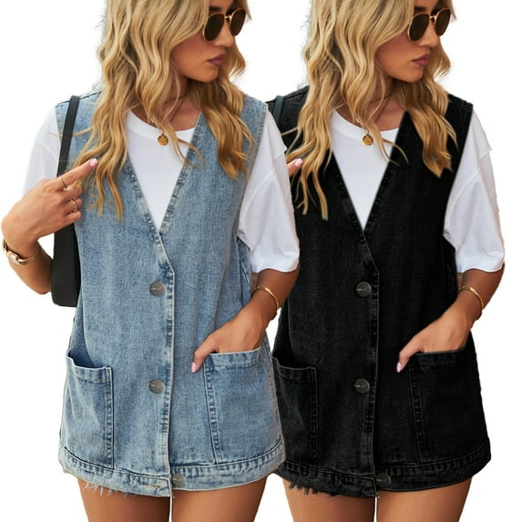 Fjuchai Women's Buttoned Denim Jacket Sleeveless Washed Jean Vest Summer Solid Color Waistcoat Outerwear S-XXXL