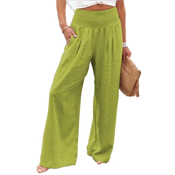 Fjuchai Womens Wide Leg Pants Female Summer Cotton Linen Solid Color Casual Trousers S-3XL
