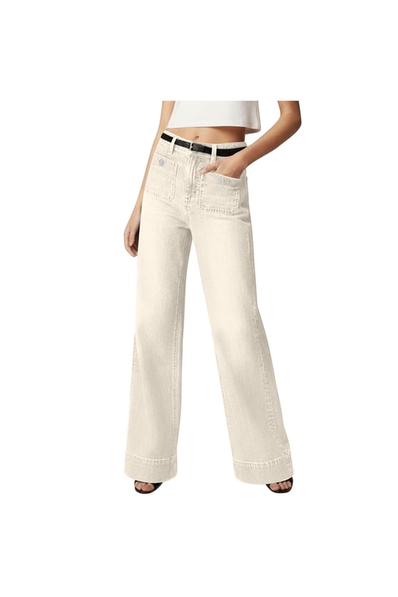 Wide Leg Jeans Woman 2026 Classic High Waisted Stretchy Full Length Denim Pants for Women All Seasons Casual Loose Fit Straight Leg Trousers with Patch Pockets Beige M