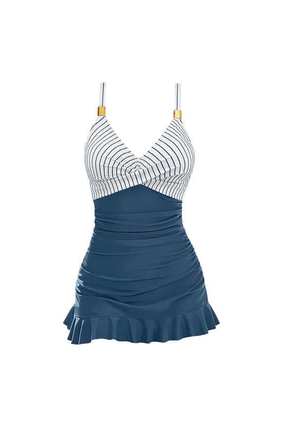 Womens One Piece Swimsuits V Neck Striped Color Block Jelly Swimdress Adjustable Shoulder Straps Ruched Ruffle Hem Skirted Bathing Suits for Beach Pool Vacation Blue L