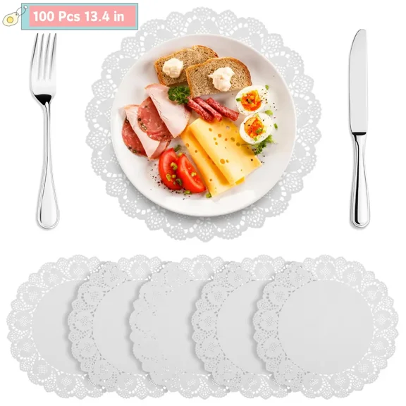 Fkszll 100 Sheets Paper Table Pads 34cm Round Lace Paper Place Mats Decorative Paper Doilies Multipurpose Paper Placemats Paper Table Mats for Food Cakes Crafts Party Weddings Tableware Decor