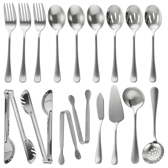 17 Pcs Serving Utensils Set Stainless Steel Buffet Catering Hostess Cutlery with Large Serving Spoons Slotted Spoons Tongs and Cake Server, Silver