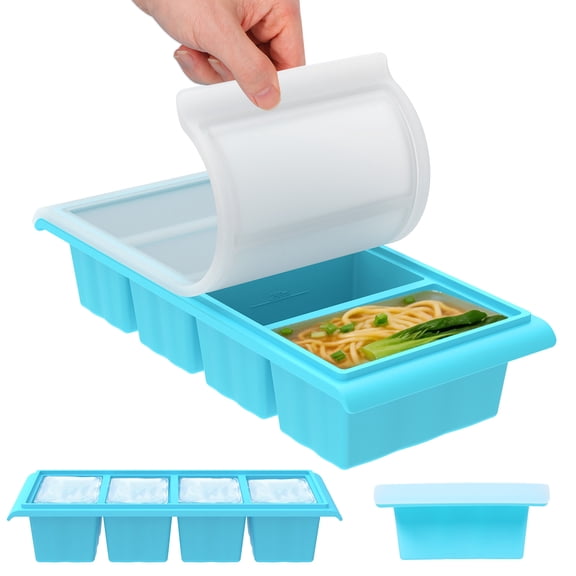 Fkszll 4 Slot Silicone Freezer Tray with Lid for Storing Lasagna Leftover Sauce Portioned Meal and More Silicone Freezer Mold for Meal Prepping