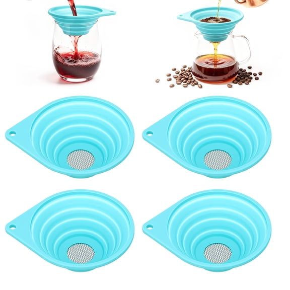 Fkszll 4 Pack Fine Mesh Strainer Funnel, Collapsible Silicone Funnel with Stainless Steel Extra Fine Mesh Filter, 4 Inch Small Tea Strainer for Loose Leaf Tea, Pour Over Coffee, Wine, Cocktail, Kitch