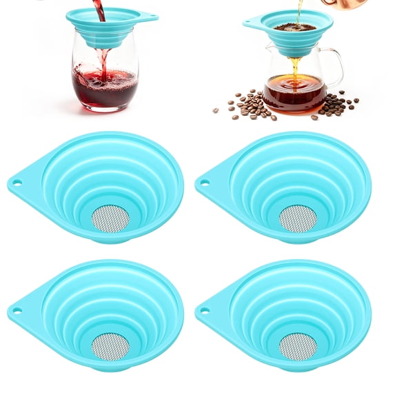 Fkszll 4Pcs Fine Mesh Strainer Collapsible Small 4 Inch Silicone Funnel with Stainless Steel Sieve Tea Strainer for Loose Leaf Tea Pour Over Coffee Wine Cocktail for Kitchen Travel Camping RV