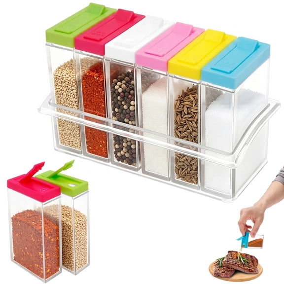 RV Camping Spice Kit, 6 Piece PP Spice Jars with Tray, Upgraded Snap-On Airtight Seasoning Containers, Compact Space Saver for Travel Trailer, Camper, Outdoor BBQ and Small Kitchen