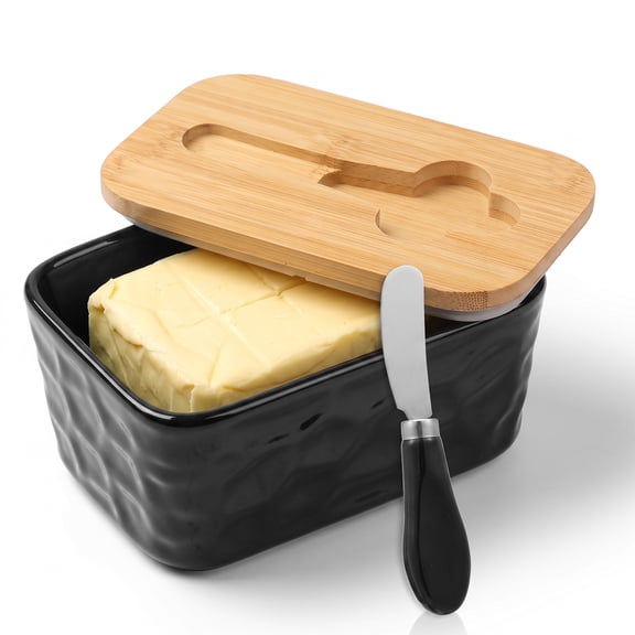 Fkszll Ceramic Butter Dish with Bamboo Lid and Knife 20 oz Butter Keeper Black