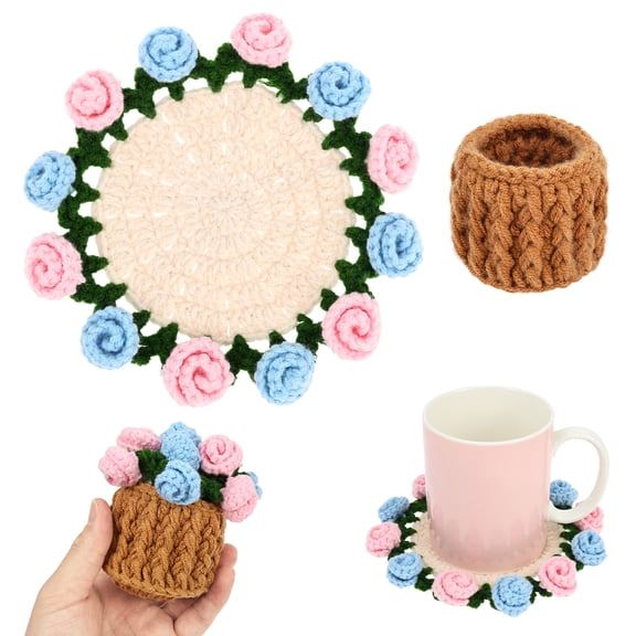 Fkszll Flower Crochet Cup Pad Handmade Bouquet Mug Mat Soft Decorative Coaster for Coffee Table Protection Home Desk Decor (Blue)