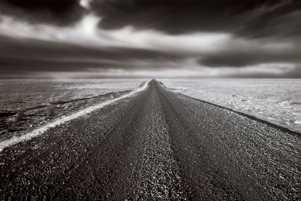 Fl5513 DammerWiggett Prairie Road Under Dramatic Sky B&W Canvas Art - Anita Dammer Design Pics (34 x 22)
